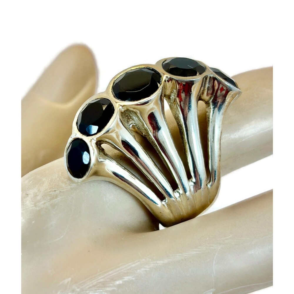 Onyx Ring, Vintage, Sterling Silver, Modernist, Unique, Size 8, Dimensional